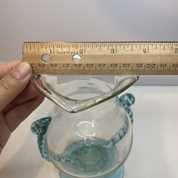 Vintage Hand blown Aqua Blue Glass Pedestal Vase With Applied Waves Handles - Picture 7 of 8